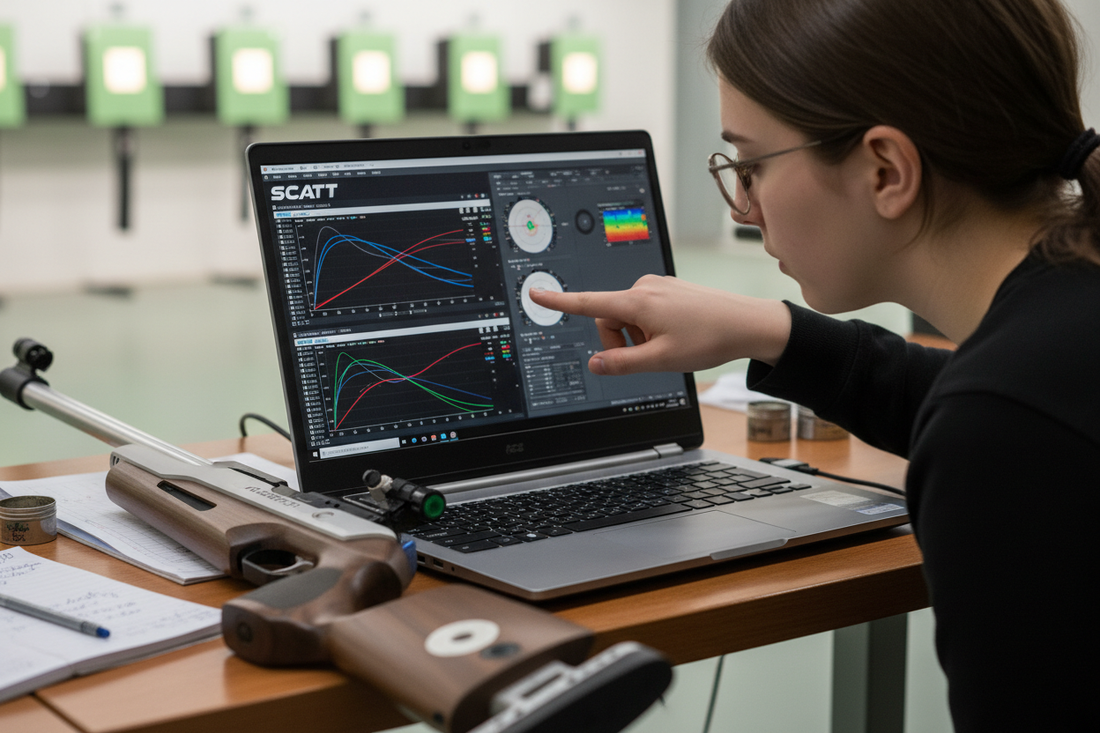 Strzelec analizujący dane treningowe SCATT na laptopie