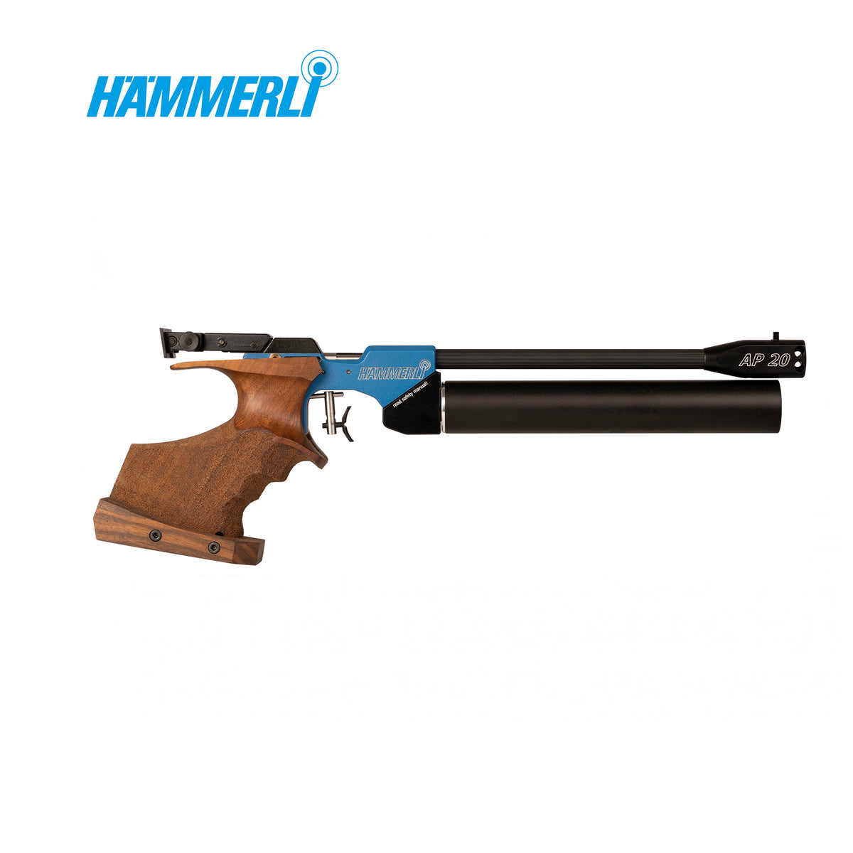 Hämmerli AP20 PRO – pistolet pneumatyczny 10 m z chwytem 3D z orzecha, widok z prawej strony