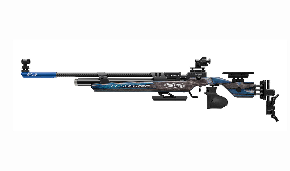 Walther LG500 itec Anatomic – karabinek pneumatyczny ze spustem mechanicznym i kolbą z drewna warstwowego, widok z lewej strony